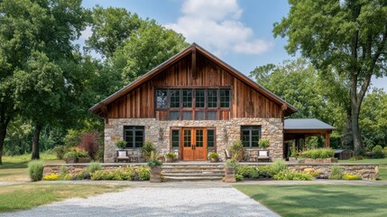 Obraz premium Charming rustic house with stone facade surrounded by lush greenery and garden