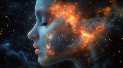 A beautiful woman with space and fire elements in her features