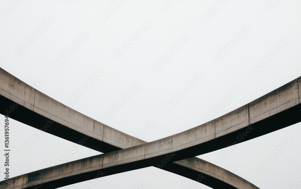 Poster abstract image of intersecting concrete beams against a light gray sky. the beams are weathered and 