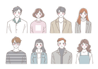 さまざまな男女の若者の上半身イラストセット