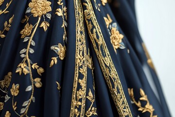 3D Deep Blue Abaya with Intricate Gold Embroidery.