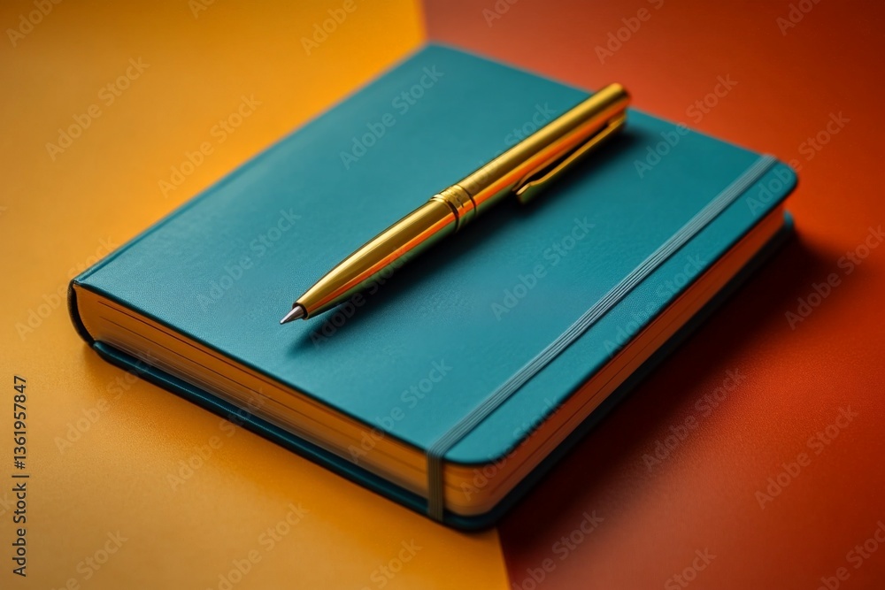 Poster elegant turquoise notebook and golden pen resting on vibrant orange and yellow background at a creat