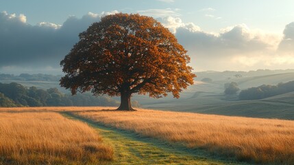 Solitary oak tree in autumnal field at sunrise.