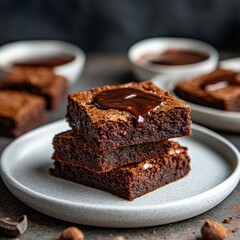 A decadent brownie cake piece, adorned with luscious melted chocolate, elegantly presented on a pristine white porcelain plate