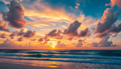 Vibrant sunset over ocean, dramatic colorful clouds, golden sky, tranquil beach scene, calm waves, serene seascape, coastal twilight, vivid orange and blue hues, ethereal atmosphere