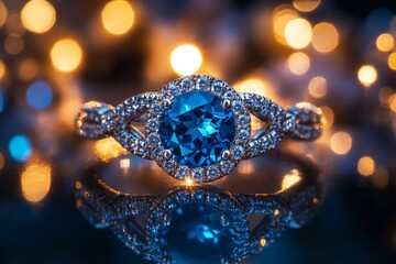 Stunning blue gemstone ring surrounded by soft glowing lights creates an enchanting atmosphere
