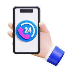 Hand holds a phone displaying a 24/7 support icon; ideal for customer service concepts, technology businesses, and hotlines advertisement