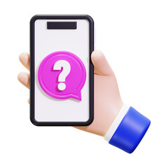 3D hand holds a phone displaying a pink question mark. Great for digital communication, technology, online help concepts, and social media