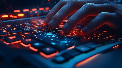 Close-up of hand typing on a glowing keyboard.