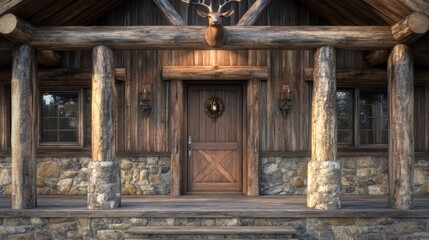 Rustic wooden cabin entrance with stone foundation and holiday decor