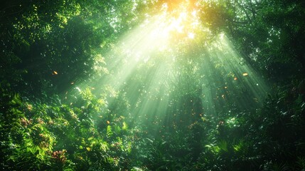 Fototapeta premium Sunbeams illuminate lush rainforest canopy with floating butterflies.