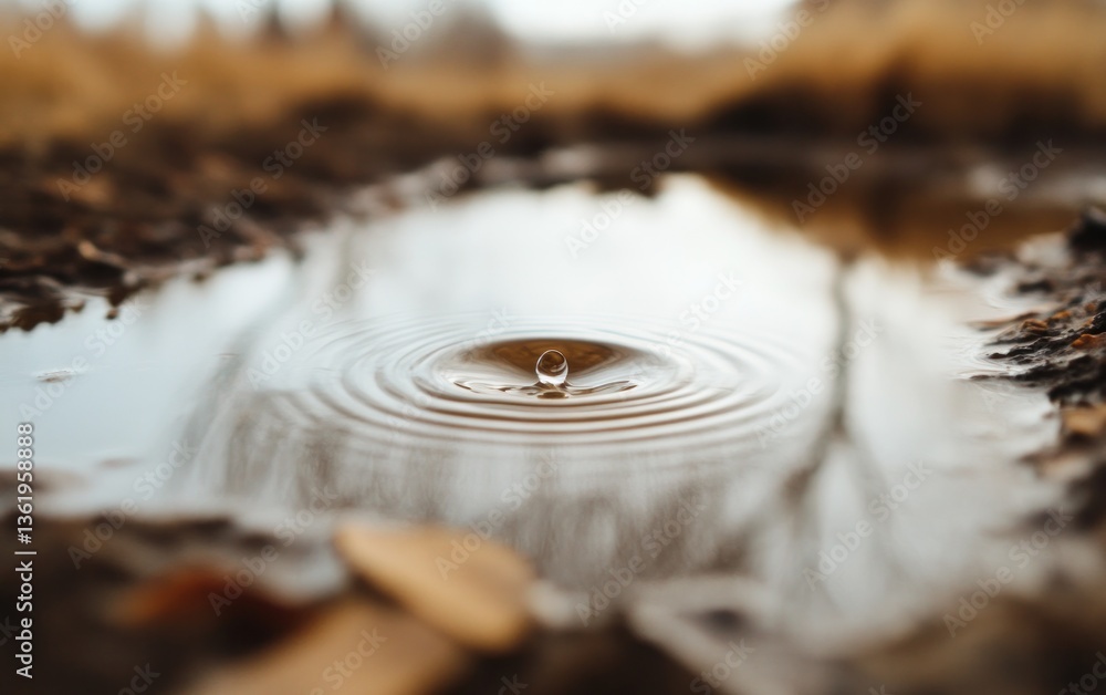 Poster close-up view of a water droplet falling into a small puddle, creating concentric ripples. the puddl