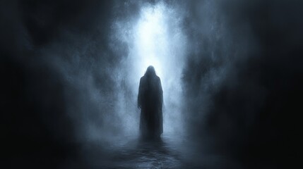 Amidst storm clouds, a burst of divine light reveals a mountain path to a solitary seeker of hope and guidance