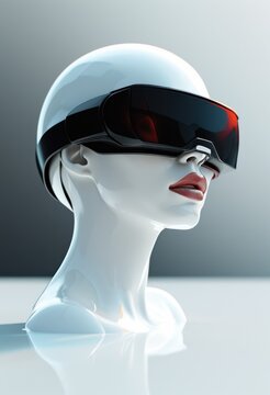 Close-up, asistente virtual mujer maniqu&iacute; blanco con los labios pintados de rojo, portando unas gafas de realidad virtual negras, impreso pol&iacute;mero l&iacute;quido en 3D sobre fondo gris