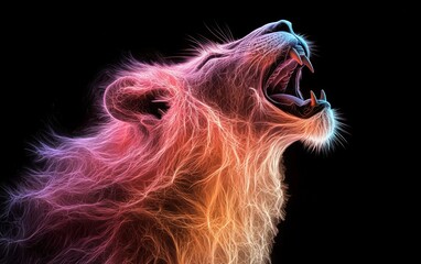 Naklejka premium A vibrant, multicolored lion's head, rendered in a style reminiscent of glowing particles or sparkling dust against a pure black background. The lion appears powerful and dynamic. 