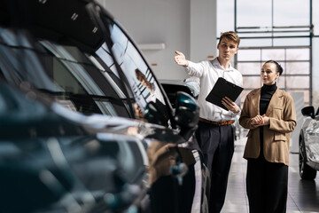 A car sales manager shows a vehicle to a customer in a luxurious dealership. Concept a premium car-buying experience that combines expert guidance with high-end service in an elegant setting.