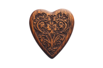 Carved wooden heart with floral design against Isolated on white transparent background