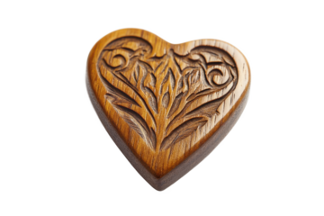 Close up of a carved wooden heart shaped box with floral design on Isolated on white transparent background