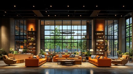Modern lobby lounge with orange sofas, large windows, and bookcases.