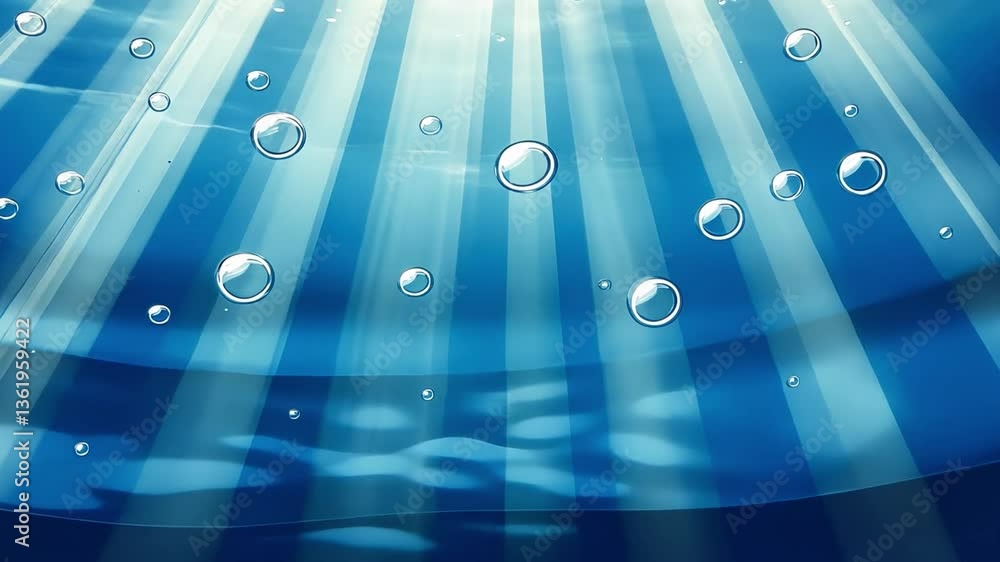 Poster sunlight filtering through water surface creating beautiful patterns and bubbles in a vibrant blue a