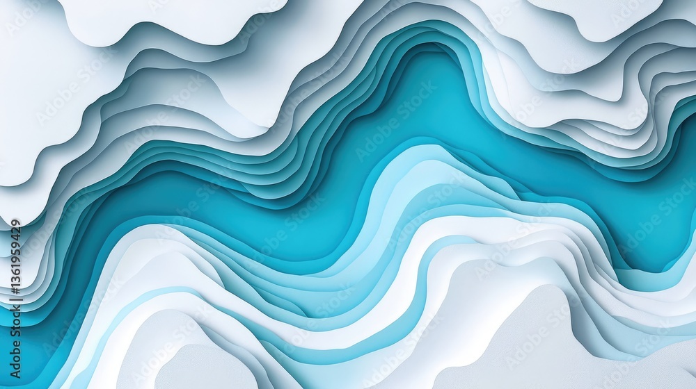 Poster abstract layered paper cut design with turquoise and white waves, creating a serene and modern aesth