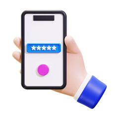 3D cartoon hand holds phone displaying password entry. Suitable for cybersecurity concepts, online security, data protection, technology, and authentication