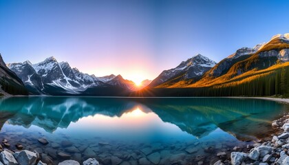 Majestic mountain lake, crystal clear reflections, snow-capped peaks, golden sunlight on mountain tops, turquoise water, rocky shoreline