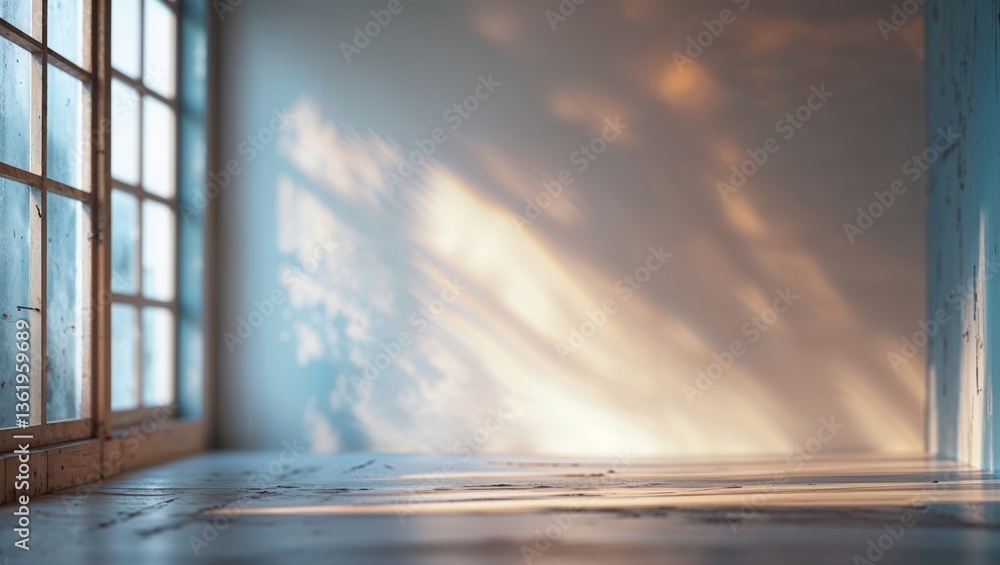 Poster warm light filters through a rustic window in a quiet room at dusk, illuminating the empty space on 