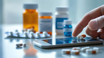 Close-up of hand using smartphone app with prescription bottles and pills in background on white table, Concept of digital healthcare, online pharmacy learning and telemedicine convenience.