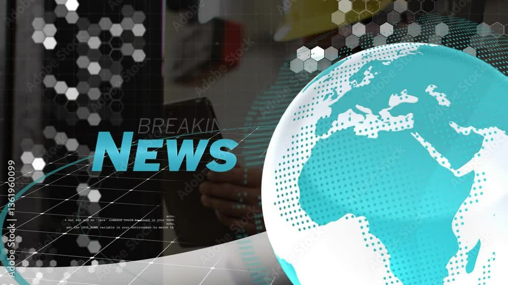 Poster breaking news text with digital globe and hexagonal patterns in dynamic animation