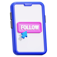 Blue phone displays pink follow button, blue arrow. Perfect for social media growth, technology concepts, digital marketing, online communication