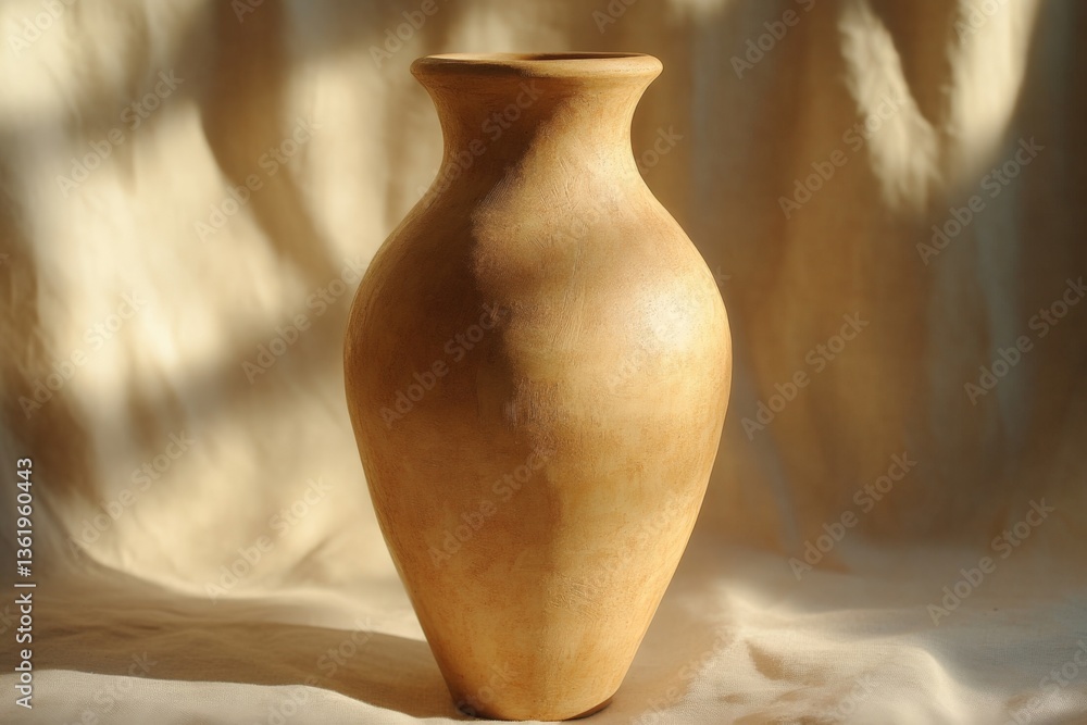 Poster traditional pottery vase displayed against a soft fabric background with natural sunlight highlighti