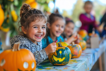 Group of children happily painting colorful pumpkins at festive table during autumn outdoor activity, smiling and laughing together, Concept of childhood creativity, Halloween and seasonal joy.