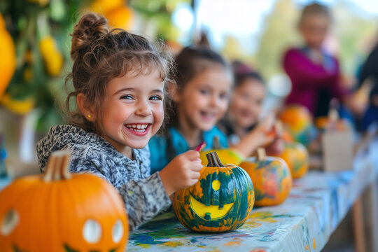 Group of children happily painting colorful pumpkins at festive table during autumn outdoor activity, smiling and laughing together, Concept of childhood creativity, Halloween and seasonal joy.