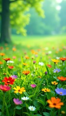 Green grass filled with colorful wild flowers creating a vibrant and natural background,  meadow,  summer