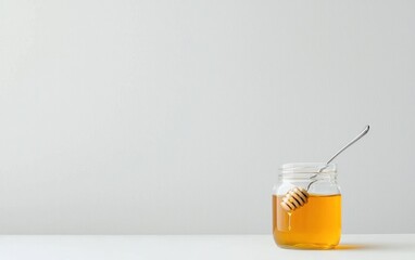 Glass jar of golden honey with a honey dipper on a white background.  Simple, clean, and bright image