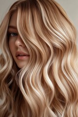 Naklejka premium Stunning wavy blonde hair showcases natural beauty and vibrant color textures in softly lit studio setting