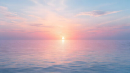 Fototapeta premium Dreamy Ocean Sunrise Panoramic View Soft Pastel Sky Pink Lavender Hues Calm Sea Reflecting Light Wide Angle Tranquil Seascape Background