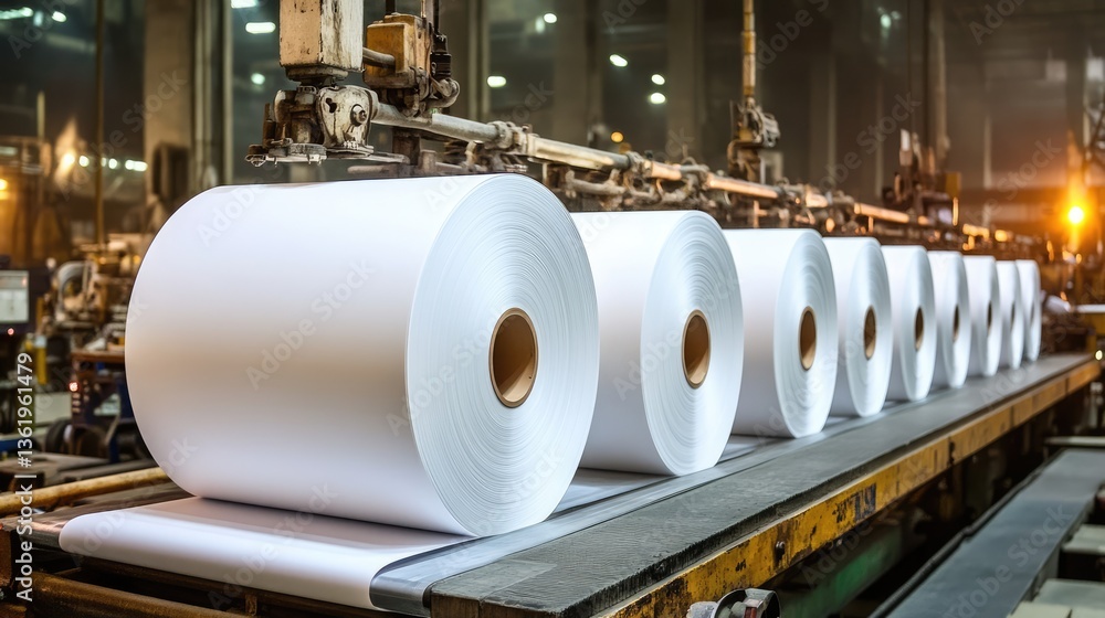 Poster large rolls of blank paper are being processed in a modern factory setting with machinery in the bac