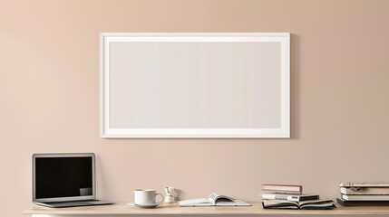 A white rectangular frame hanging above a hallway table with a coffee cup, a laptop, and a few open books HD 8K mockup wallpaper Photographic Image