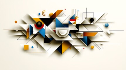 Abstract geometric composition with vibrant colors and 3D shapes.