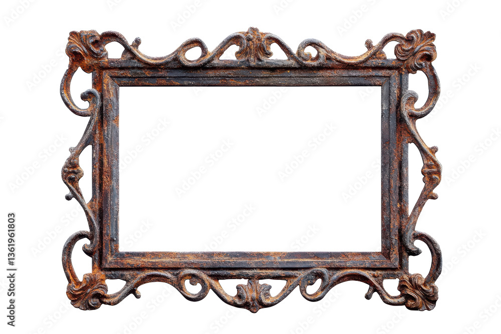 Poster an ornate rusty metal frame with floral and scroll details against a gray background in a studio set