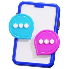 Blue phone with 3D message bubbles in pink and blue. Suitable for communication concepts, social media designs, and technology related projects