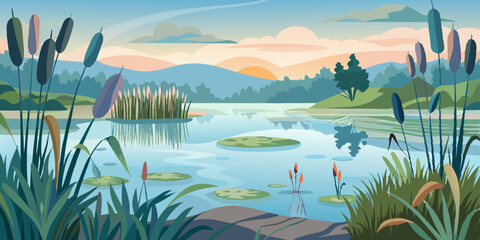 Serene Watercolor Pond Scene with Reeds, Lily Pads, and Reflections – Tranquil Nature Illustration.