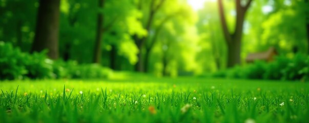 Green grass lawn with lush trees in the background, providing a serene nature backdrop perfect for copyspace,  serene,  tranquil