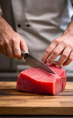 A fish fillet cutting a piece of raw tuna on wooden cutting board.