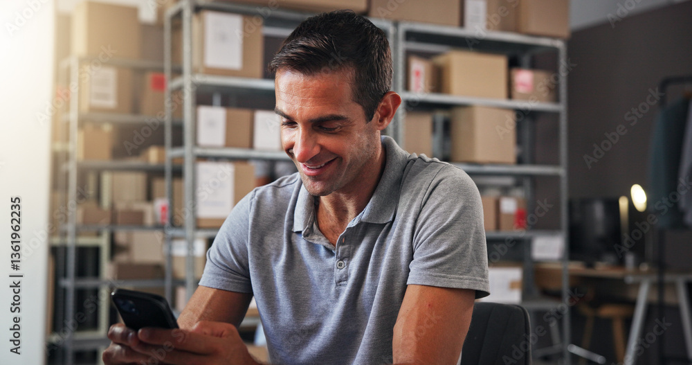 Poster Phone, smile and supply chain with man in distribution center for communication or text message update. Boxes, logistics and typing with happy employee in office for delivery, ecommerce or shipping
