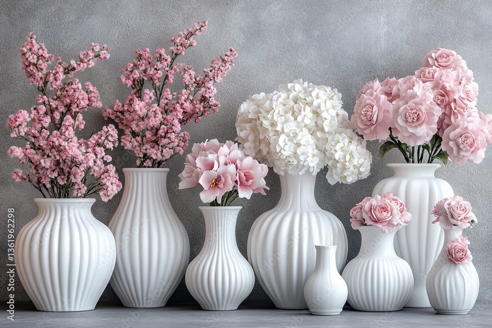 Poster eight elegant vases with various flower arrangements in a light gray setting during the afternoon