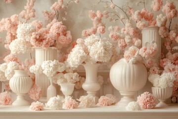 Elegant floral arrangement with pale pink and white flowers in decorative vases on a soft background