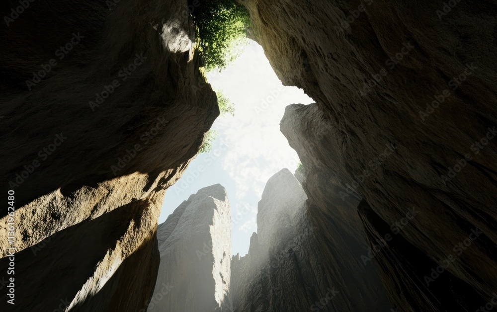 Poster sunlight streams into a deep crevice between towering rock formations, illuminating the sky above. t